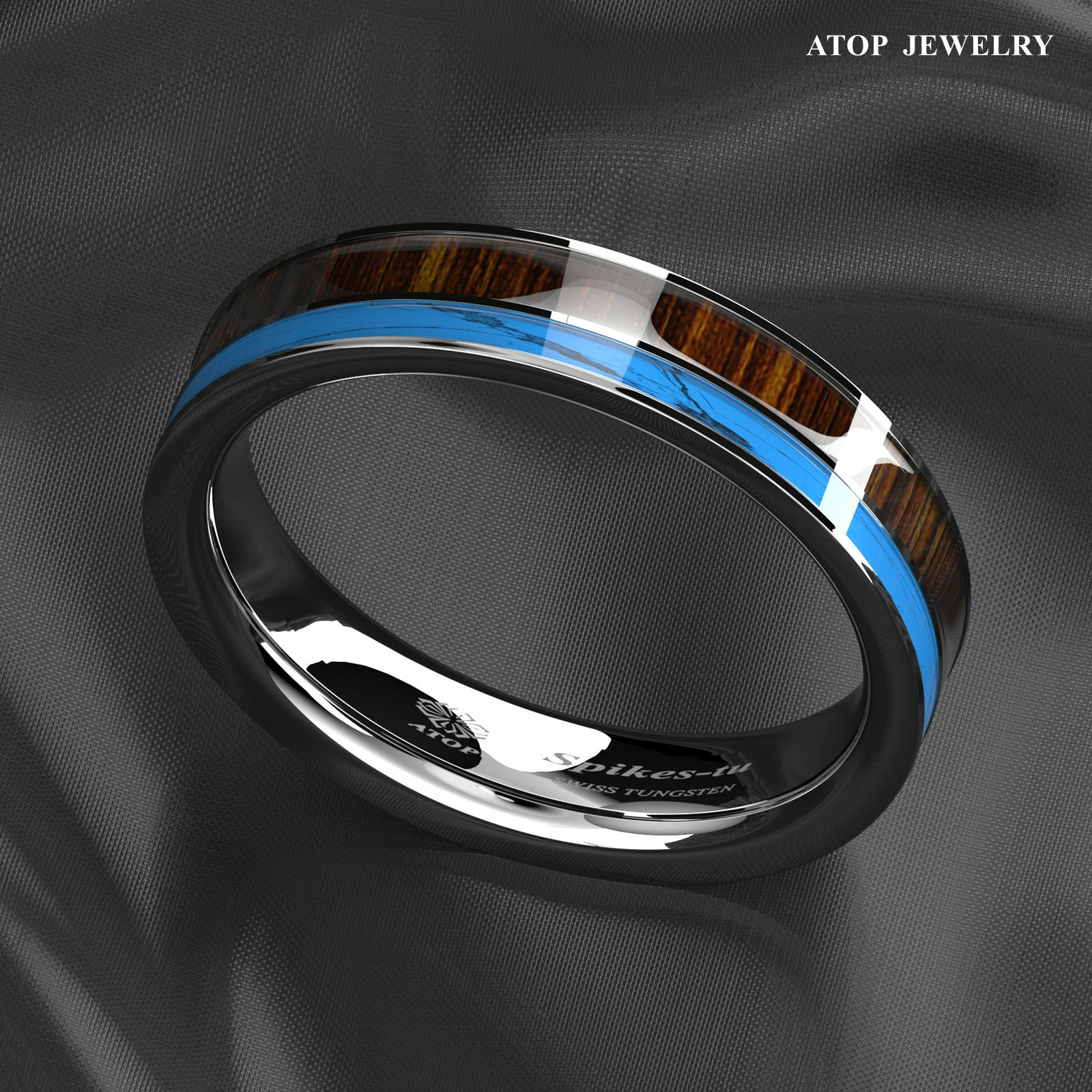 8mm Tungsten Men’s Ring Silver Turquoise & Koa Wood Wedding Band ATOP Jewelry