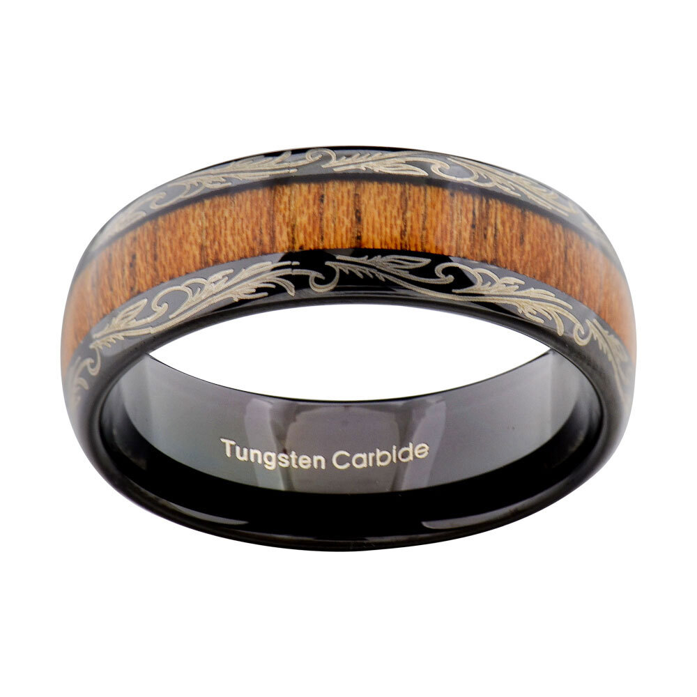 Black Tungsten carbide Ring Koa Wood Inlay Dome Wedding Band Men’s Jewelry 8mm