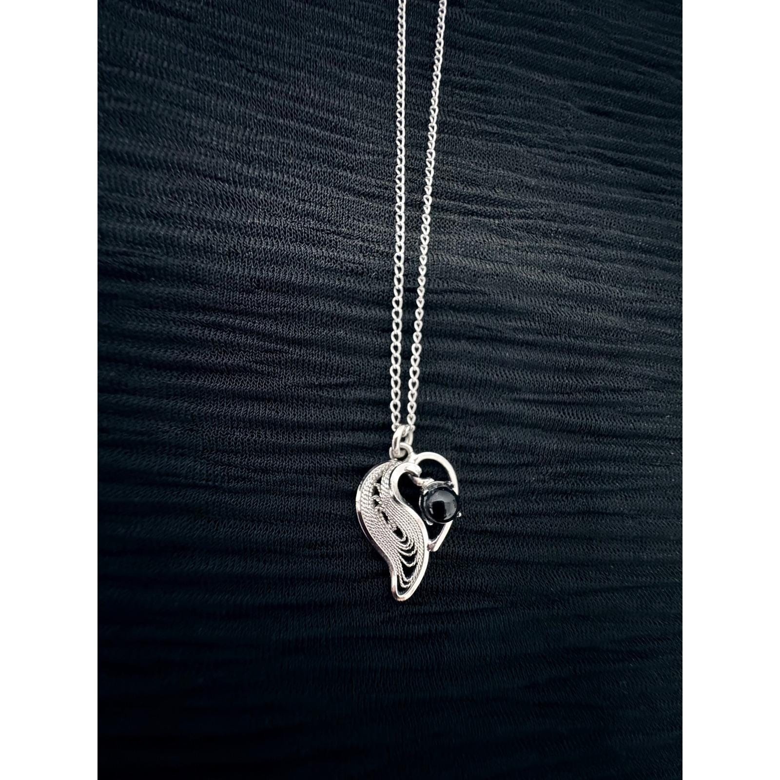 Vintage Coro Sterling Silver Filigree Heart Pendant Necklace Black Bead 15.5in