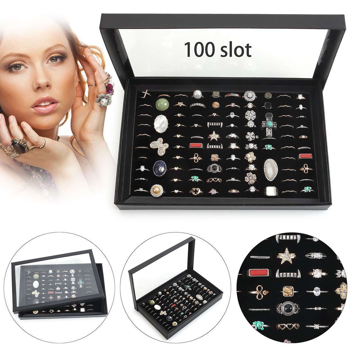 2Pack 100 Slots Jewelry Ring Display Organizer Tray Holder Earrings Storage Case