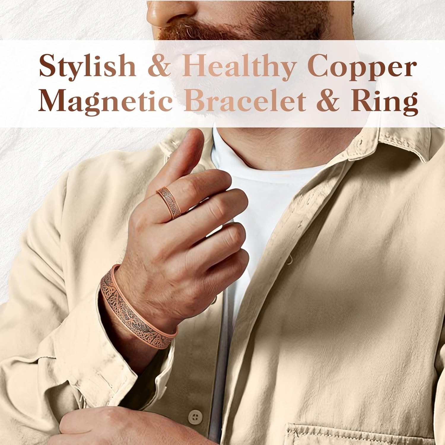 Pure Copper Magnetic Bracelet for Men & Women with Stylish Ring Gift