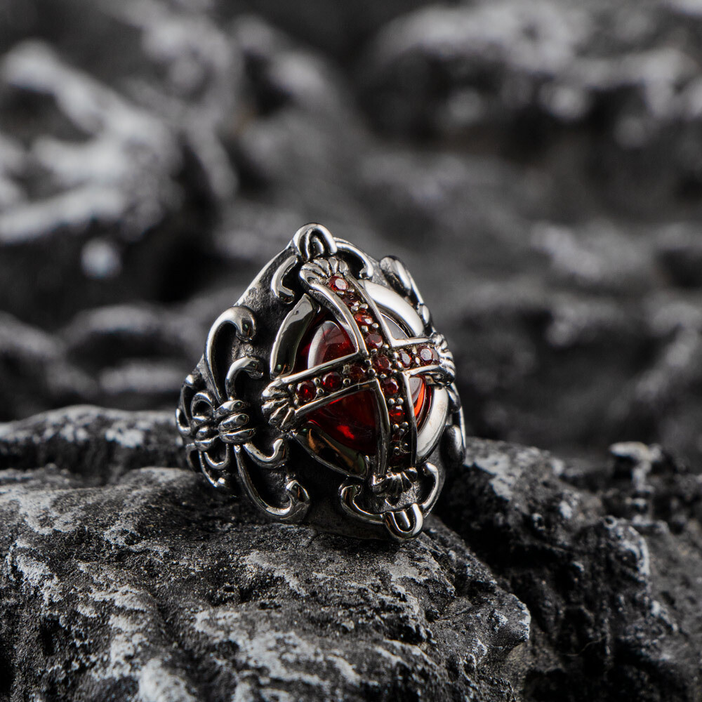 Knights Crusades Templar Shield Cross Celtic Red Stone Stainless Steel Ring