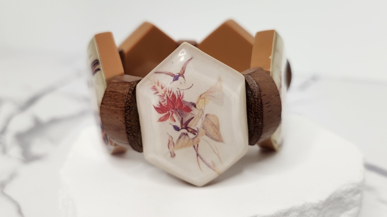 Boho Tropical Wooden Hexagon Tile Bracelet Acrylic Resin Bird Print Statement