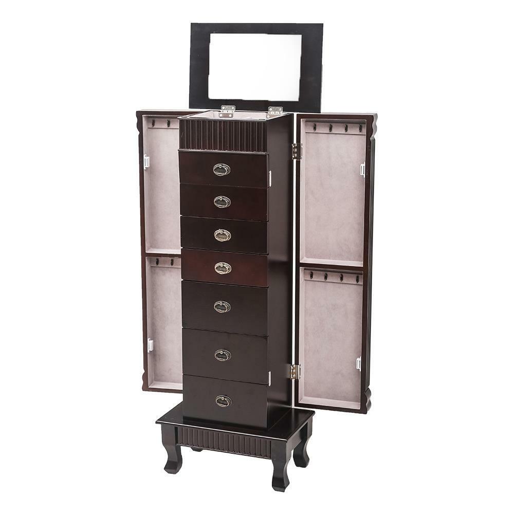 Wooden Jewelry Mirror Cabinet Armoire Box Storage Chest Free Stand Organizer