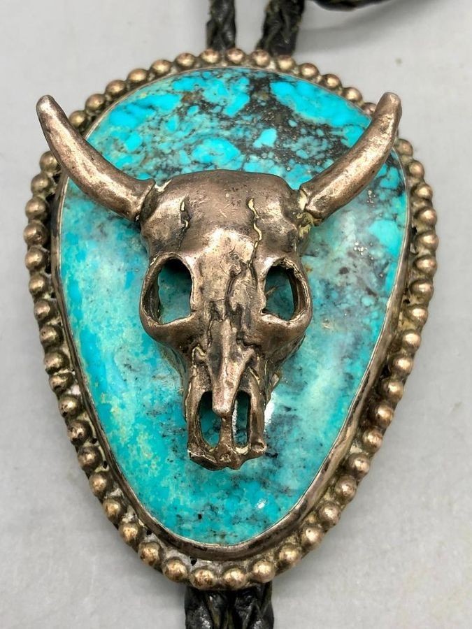 Turquoise Steer Head Bolo Tie Western Silver Leather Cord Statement Piece