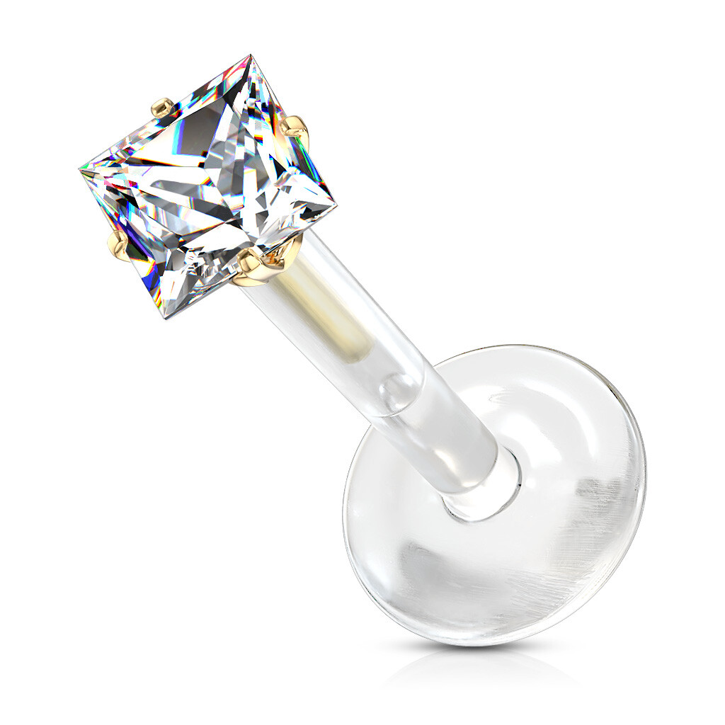 Pair Prong Set Square CZ Bio Flex Push In Ear Cartilage Helix Labret Tragus 16G