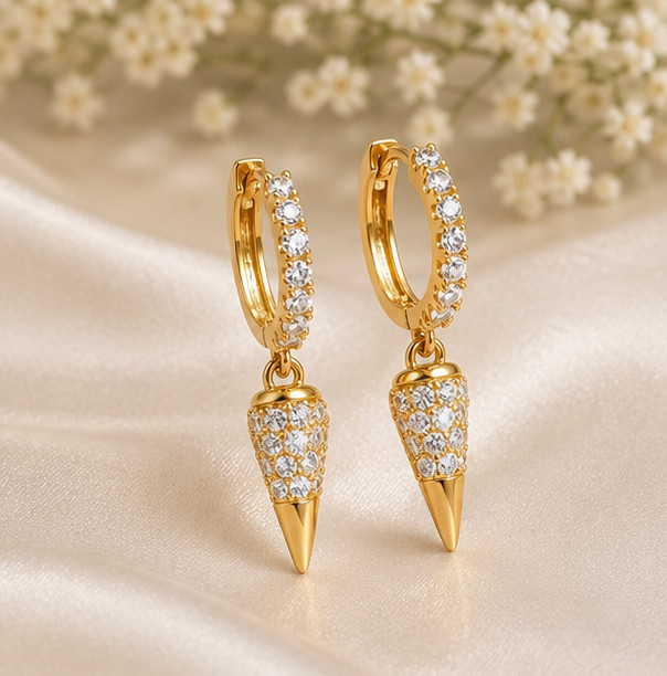 2Ct Round Cut Simulated Diamond Spike Drop Hoop Earrings 14K Yellow Gold Plated