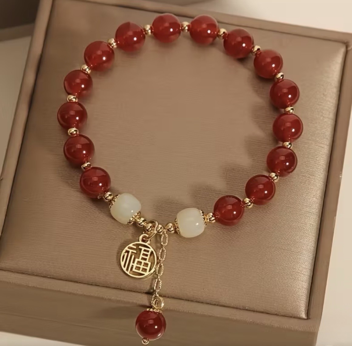Feng Shui Red Agate Beaded Bracelet gold-plate “Fu” (福) Good Luck. Free Shipping