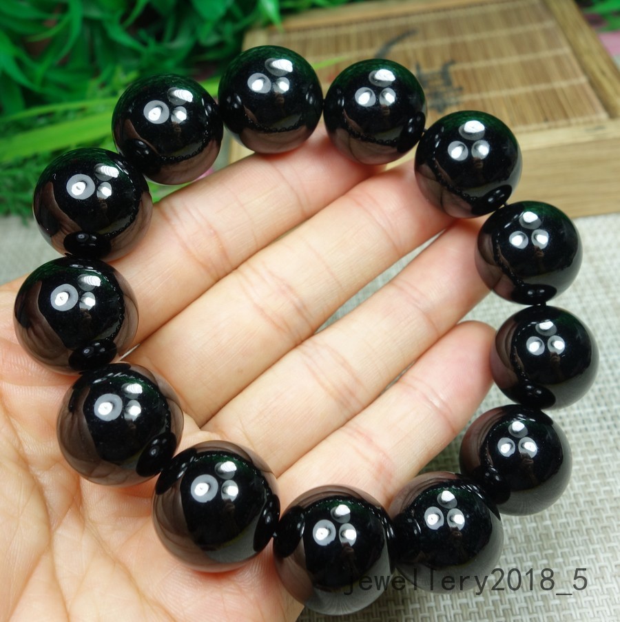 Certified Black Green Burma 100% natural A jadeite jade Bead Bracelets墨翠18mm圆珠手链