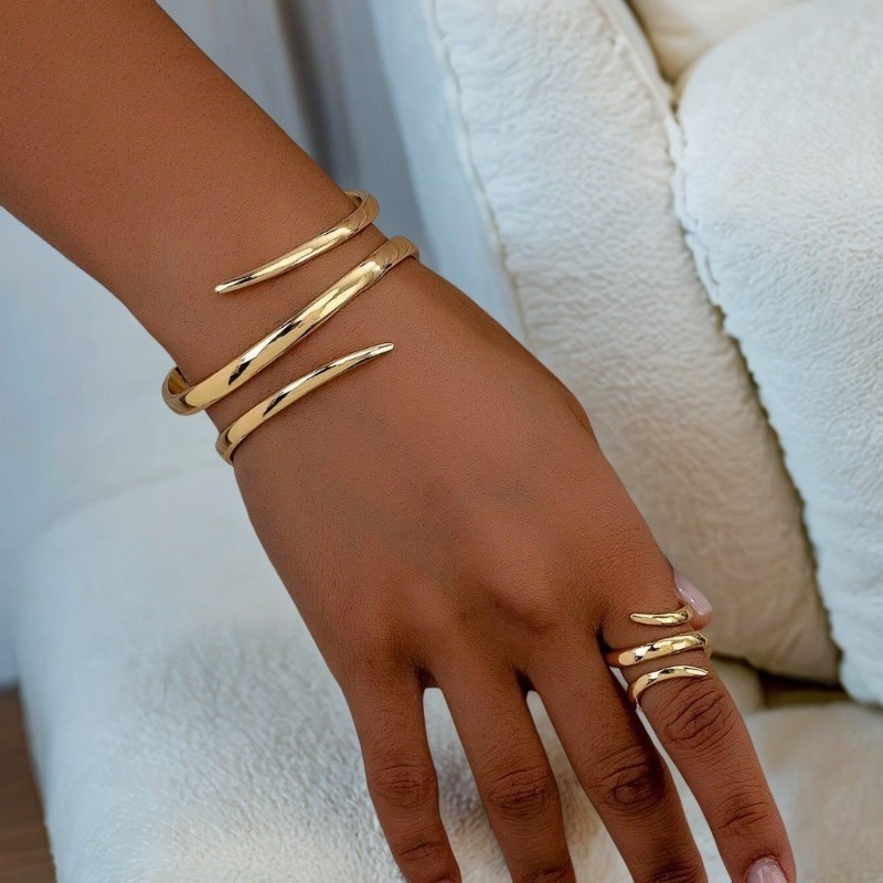 Women’s Trendy Curved Line Jewelry Set 2Pcs Bracelet Ring for Party Wear