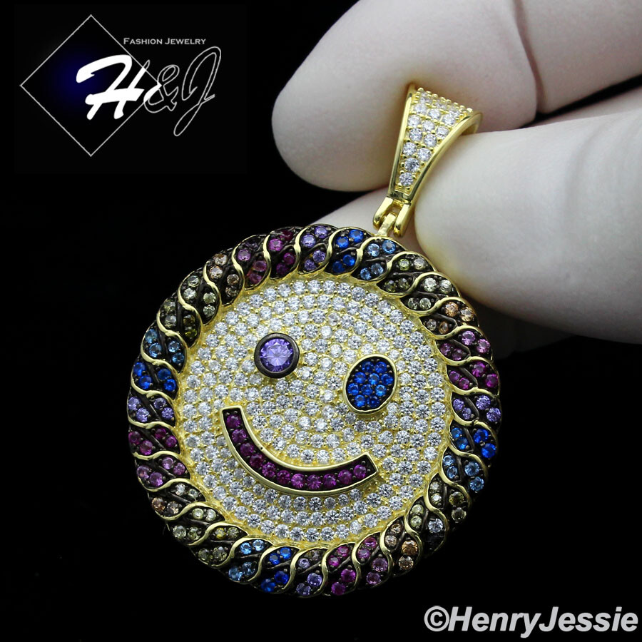 MEN 925 STERLING SILVER ICY BLING CZ GOLD PLATED HAPPY FACE ROUND PENDANT*GP266