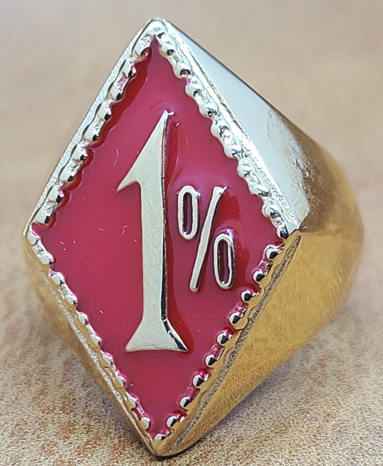 1% One Percent Red/Gold Motorcycle Outlaw Biker Stainless Ring Sz 7 thru 16