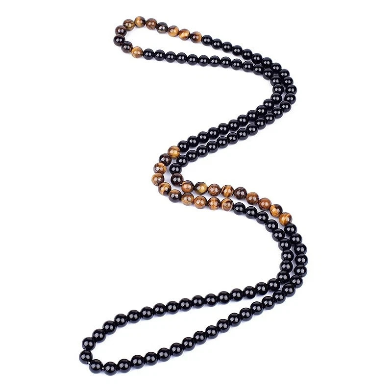 Men’s Black Obsidian & Tiger Eye Stone Beaded Necklace 24″ Natural Stone Jewelry