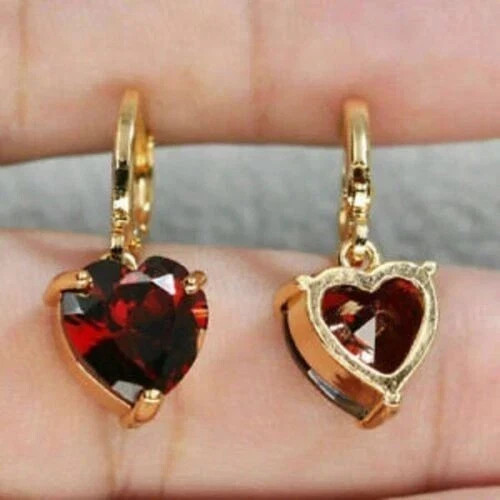 4Ct Heart Cut Red Garnet Solitaire Drop Dangle Earrings 14K Yellow Gold Finish