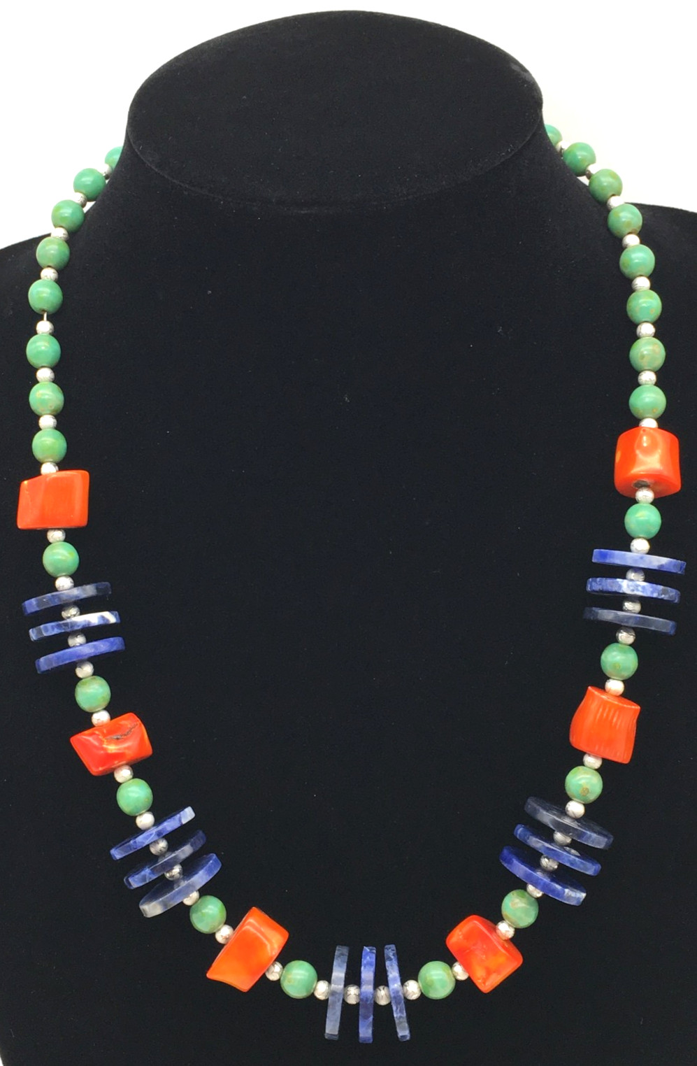 925 Lapis Discs Chalcedony Beads Coral Nuggets ST Etched Seed Beads 20″ Necklace