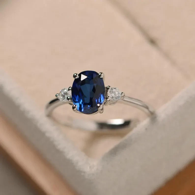Sapphire engagement sterling silver ring lab created oval cut blue gemstone ring