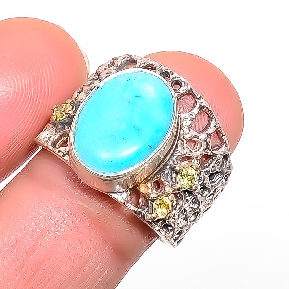 Magnesite Turquoise & Citrine Silver Handmade Jewelry Ring s.7.5 T50