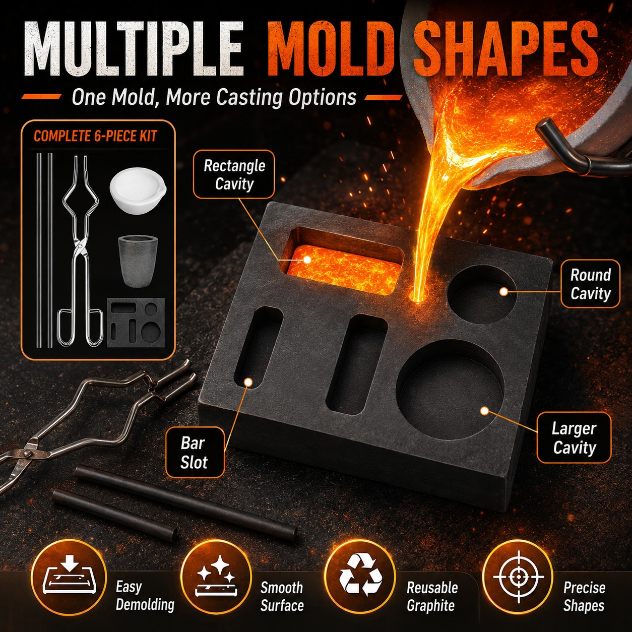 6PCS Graphite Torch Melting Tool Set Ingot Mold Crucible Gold Silver Copper Kit