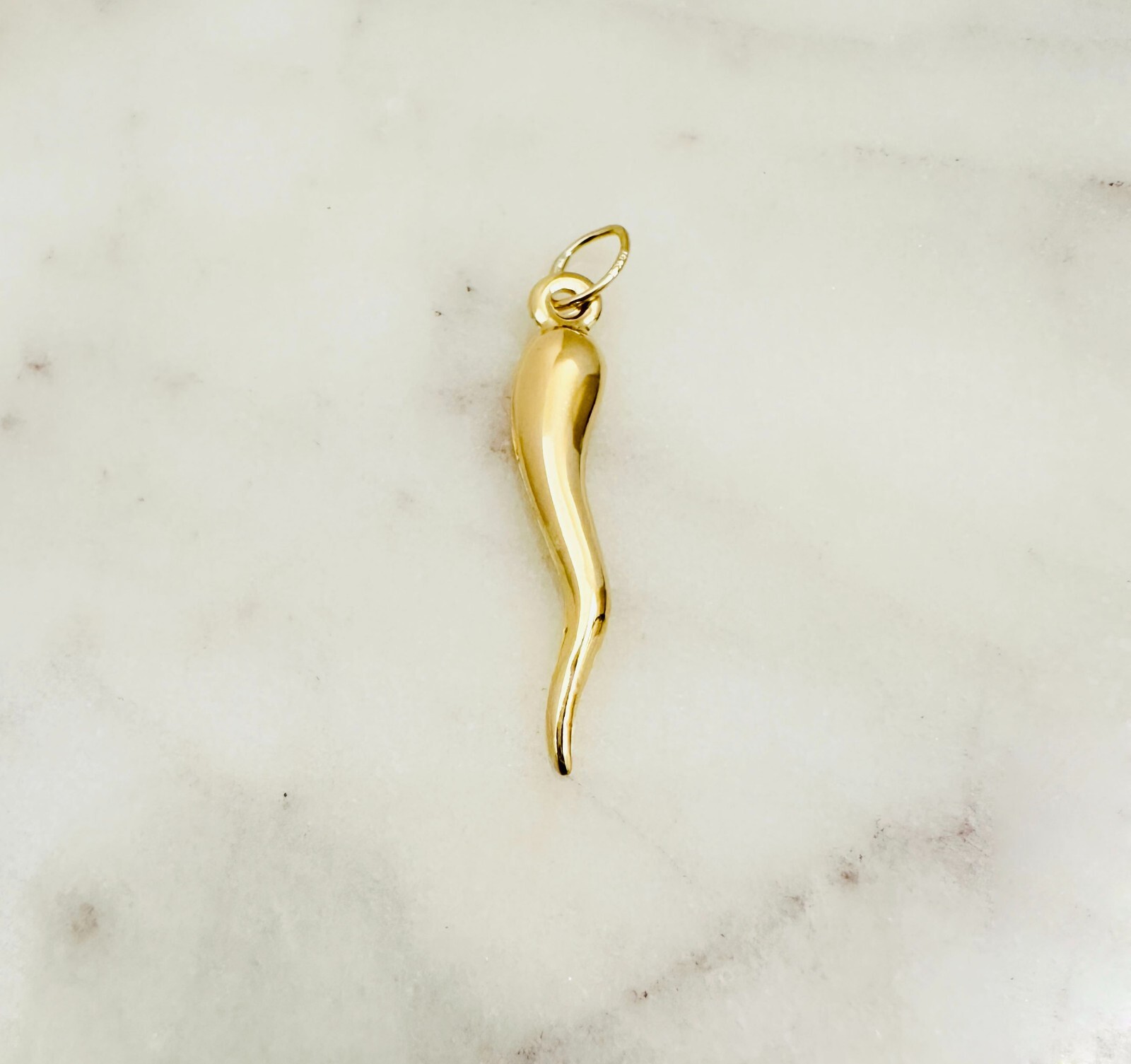 14K Solid Yellow Gold Polished Italian Horn Lucky Charm Pendant 28x4mm, 1.1″