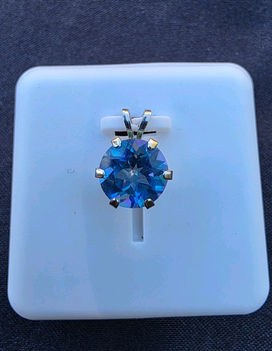 Topaz 7.8mm Round Pendant 14k White Gold Signed Prong Set Multicolor Mainly Blue