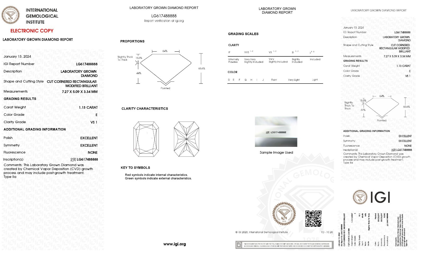Lab Grown 1.13 Ct RADIANT Cut IGI Certified CVD Diamond E Color VS1 Clarity