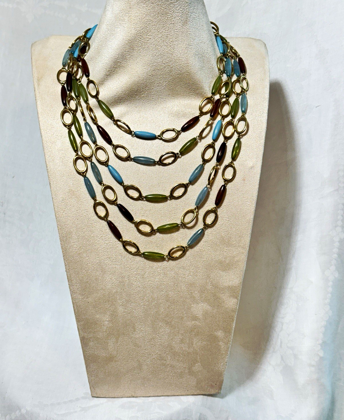 Multicolor Glass Beaded Layered Necklace Oval Link Toggle Adjustable