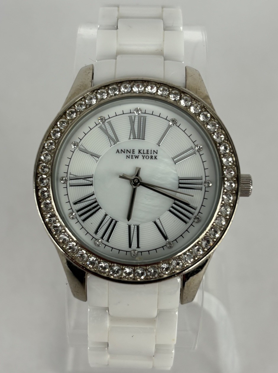 Anne Klein 12/2257 35mm Silver Tone Quartz Watch w/White Bracelet & New Battery