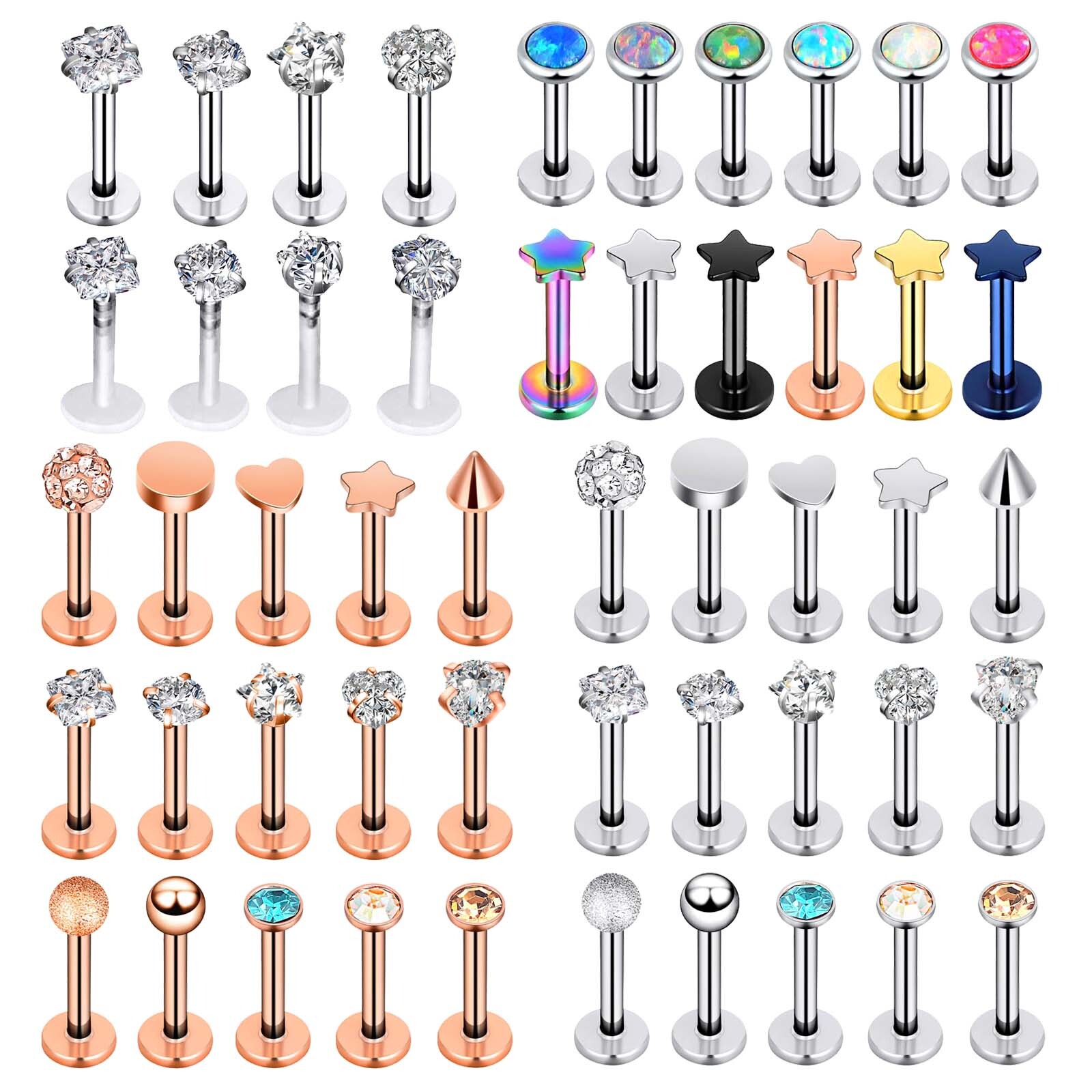 4-15Pcs Surgical Labret Lip Monroe Ring Cheek Tragus Stud Opal Gems Piercing 16G
