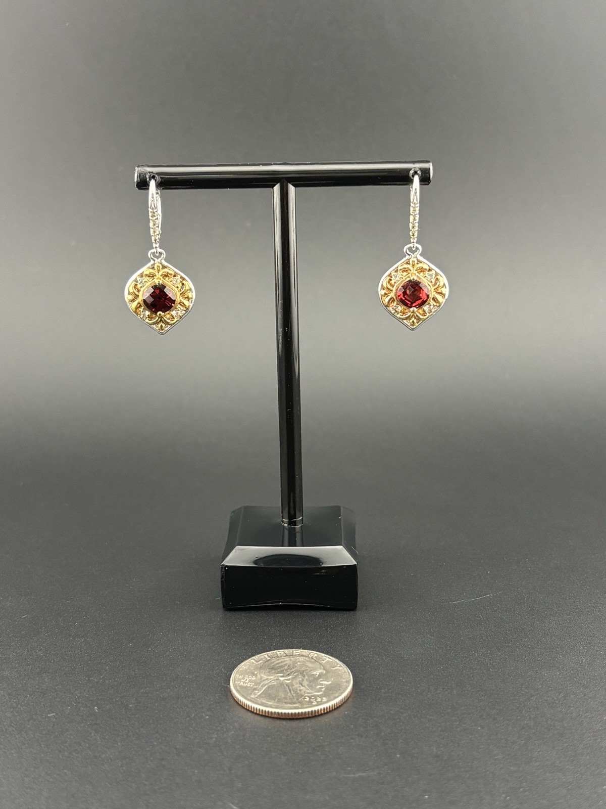 Genuine Garnet 925 Sterling Silver Two Tone Filigree Drop Earrings 7g