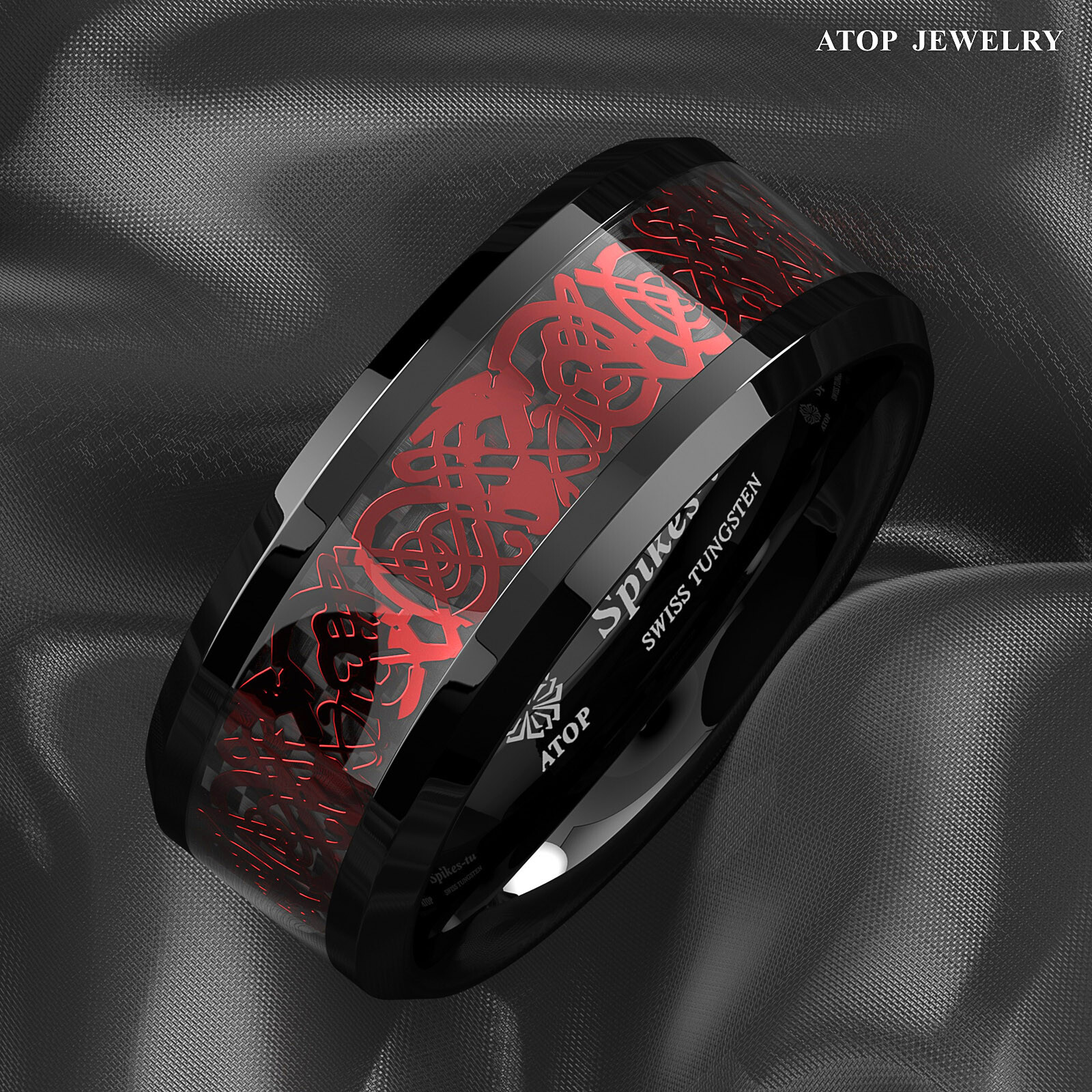 ATOP 8/6mm Men Black Red Tungsten Ring Wedding Band Celtic Dragon Carbon fiber