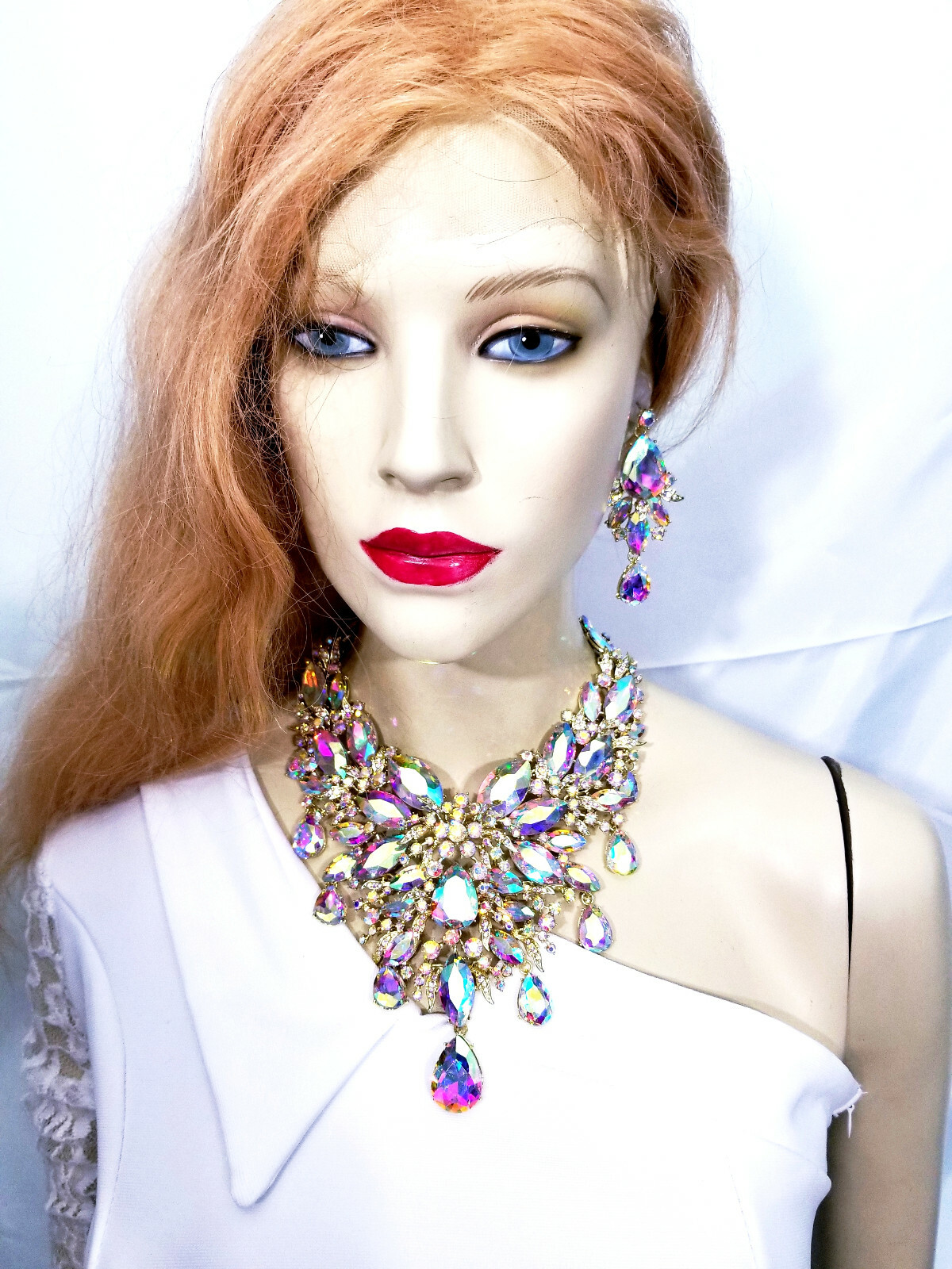 Breastshield Bib Necklace Earring Set Rhinestone AB