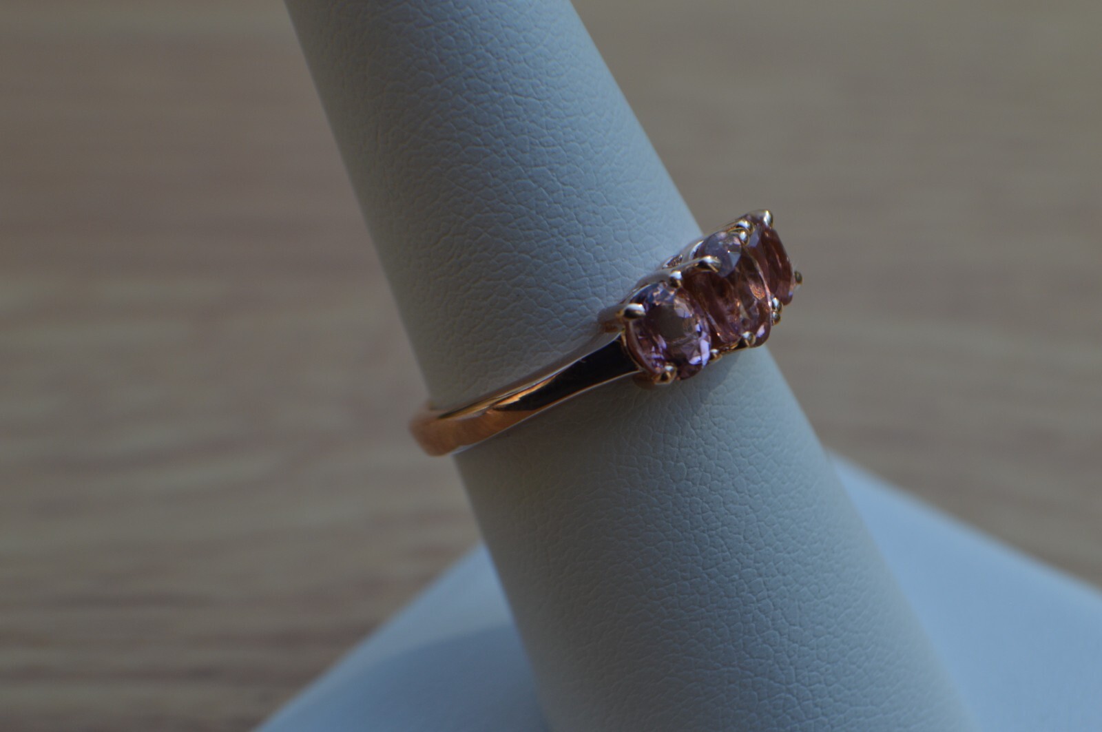 1.35ct Blush Tourmaline Three Stone Ring 18K Rose Gold over Fine Silver Size 7