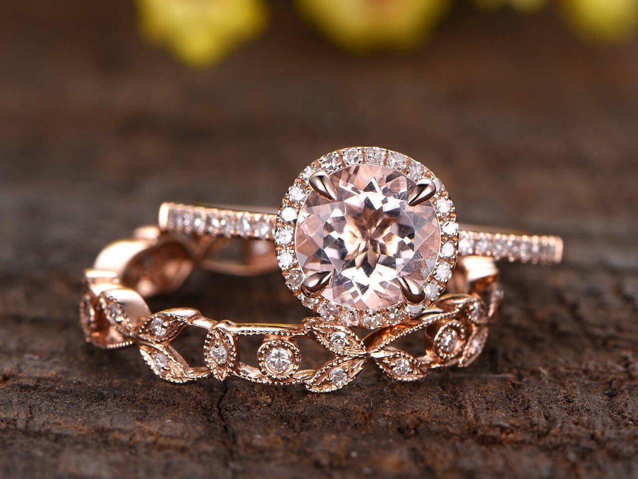 4.00Ct Round Cut Morganite Bridal Set Halo Engagement Ring 14K Rose Gold Finish