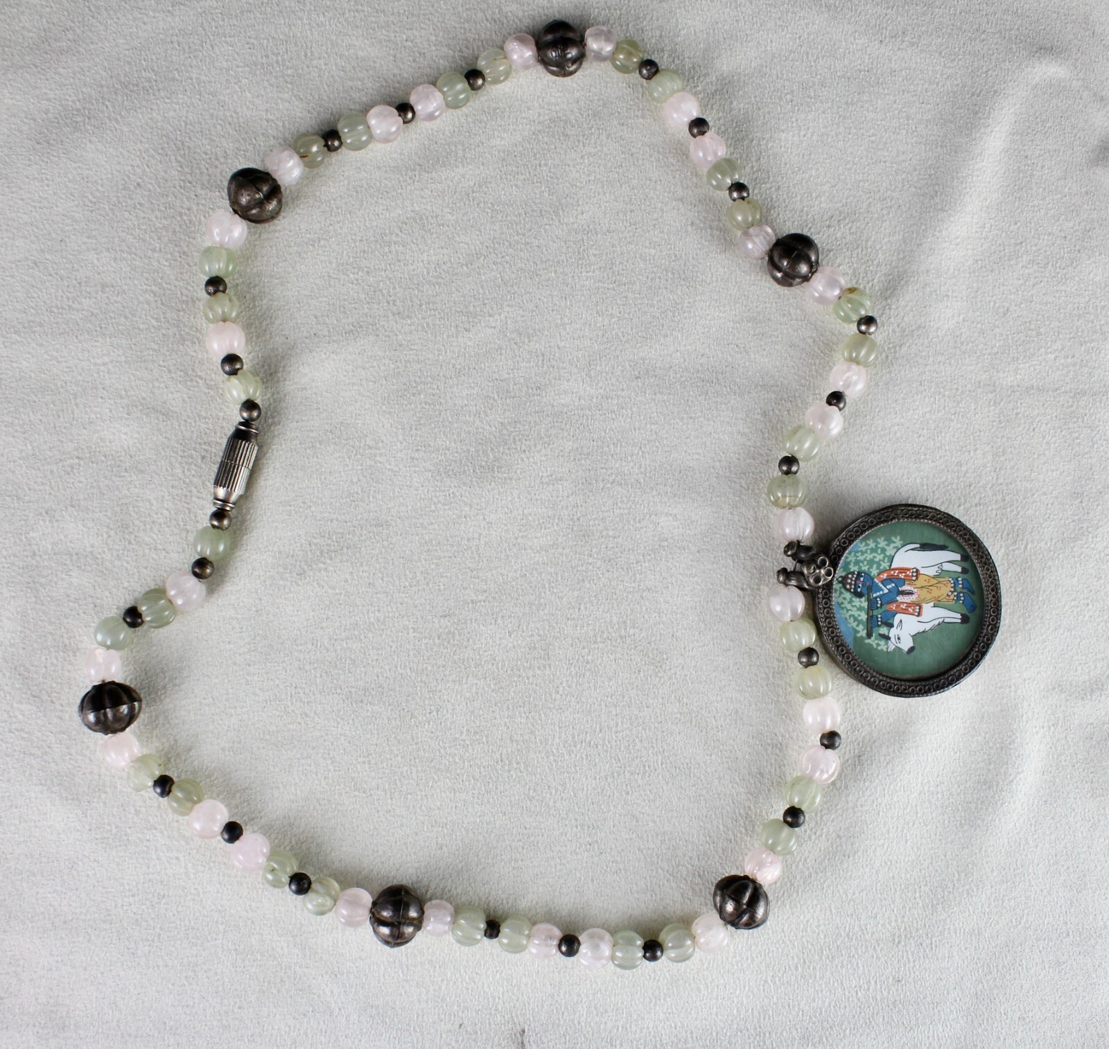 Sterling Silver Krishna Painting Pendant Rose Quartz 383ct Jade Necklace