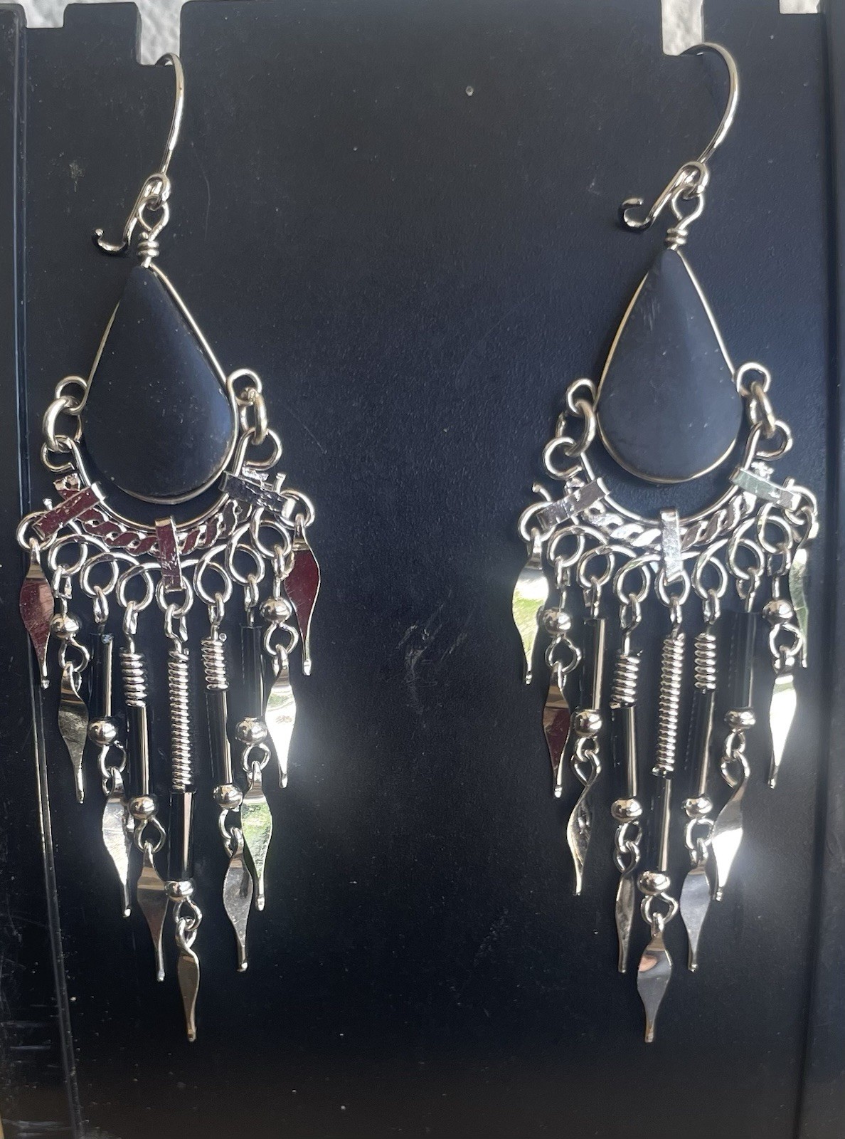 Peruvian Black Onyx Semi-Precious Stone Seed Bead Earrings Handmade Boho Peru