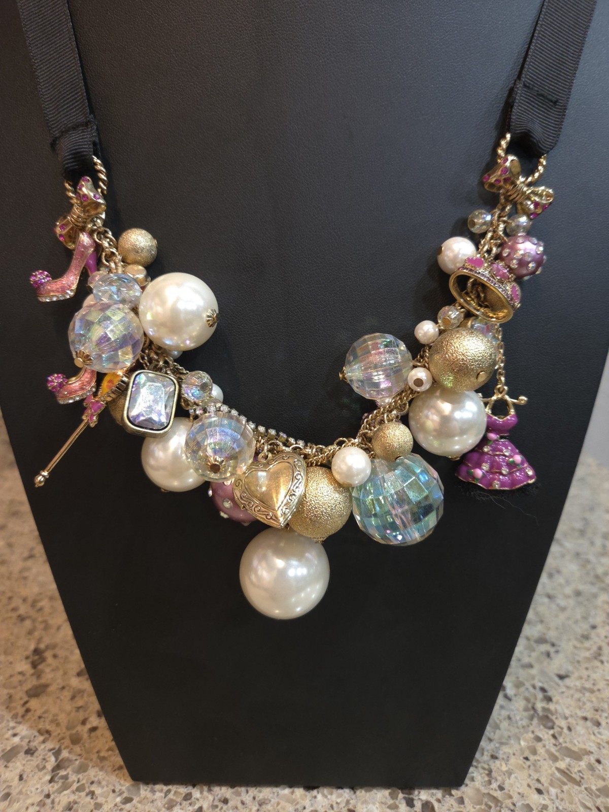 Vintage Betsey Johnson Varsity Crush Pink Gold Tone Charm Neck Mess Barbiecore
