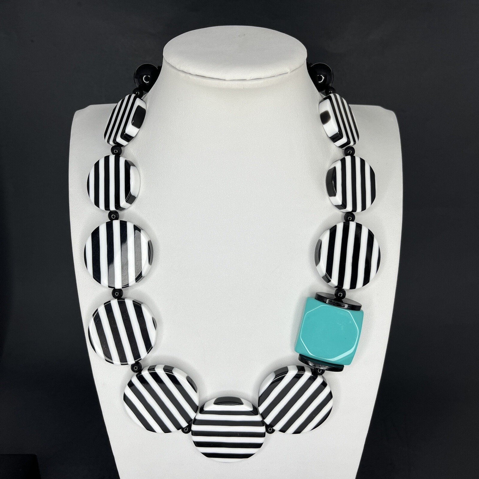 Acrylic Lucite Stripe Necklace Black White Turquoise Statement Post Modern