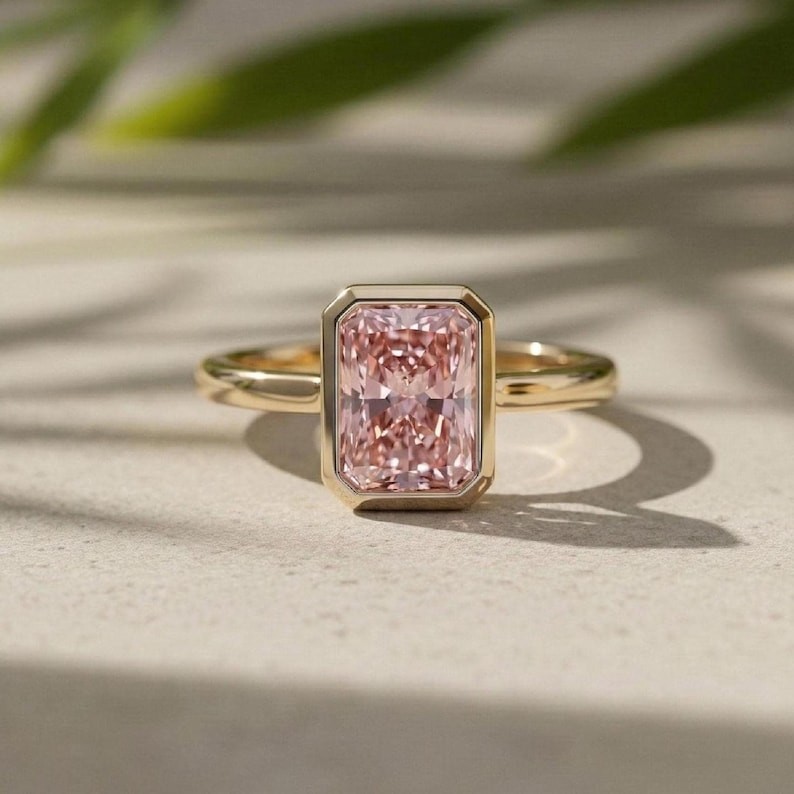 2CT Radiant Cut Light Pink Moissanite Solitaire Engagement Ring Bezel Promise Ri
