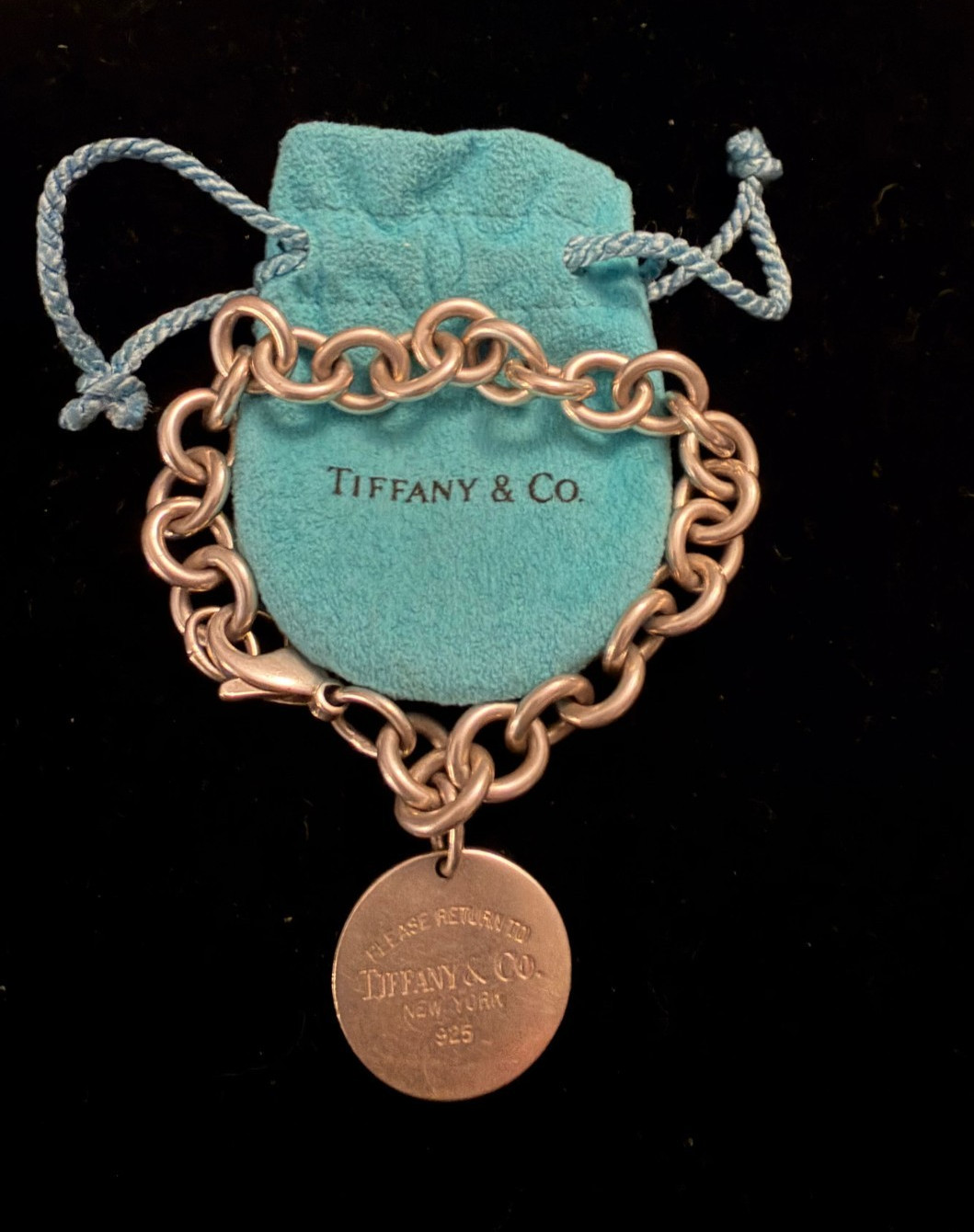 Tiffany & Co. Sterling Silver Round Link Charm Bracelet with “Please Return To”