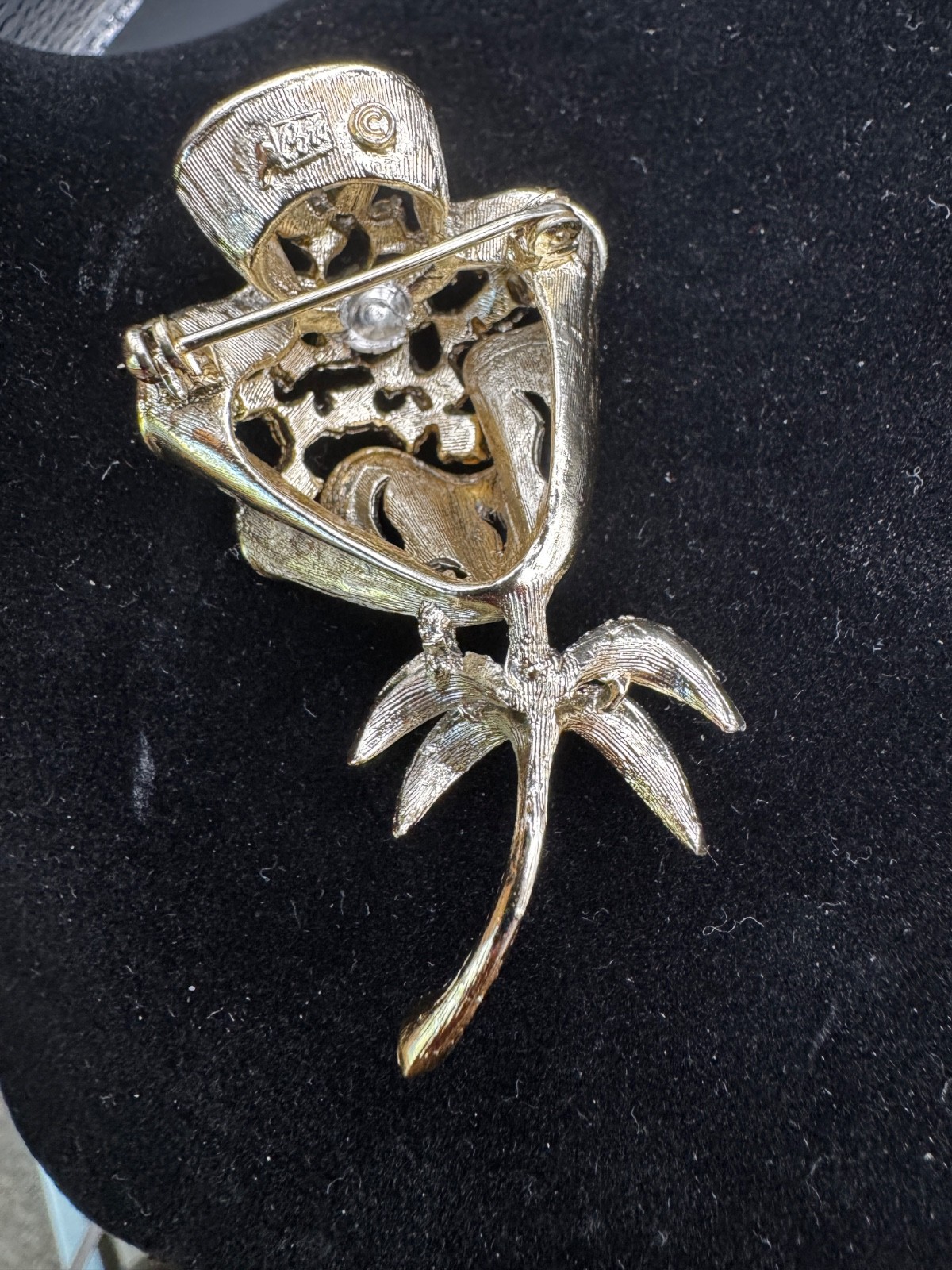 Vintage Signed CORO Rhinestone Flower Bouquet Brooch Green Clear Gold Tone Pin