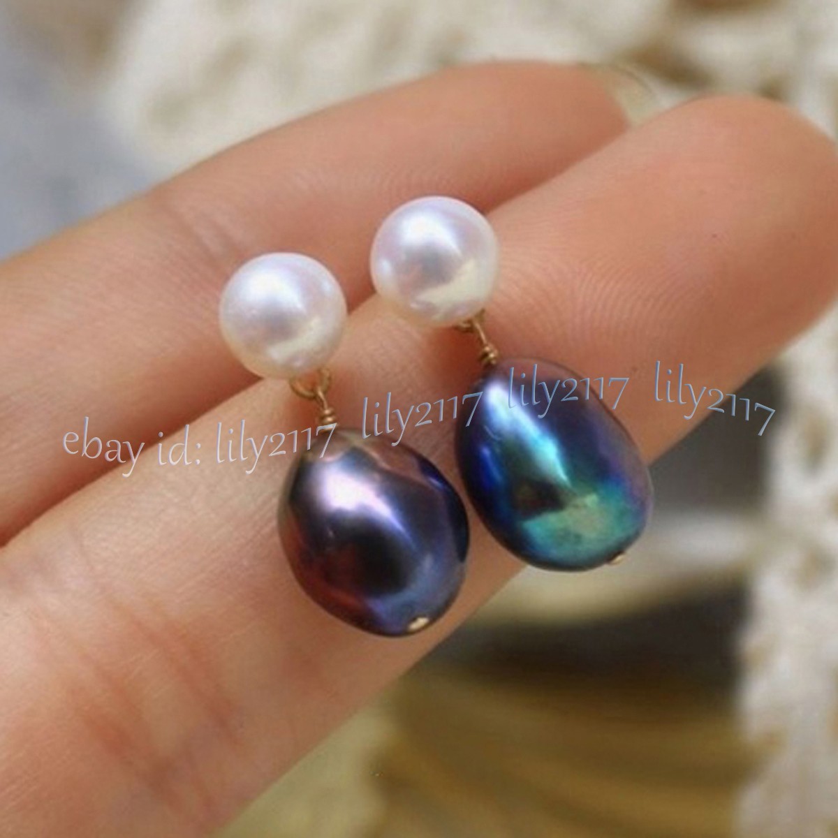 Genuine Natural White Freshwater Pearl Black Baroque Pearl Dangle Stud Earrings