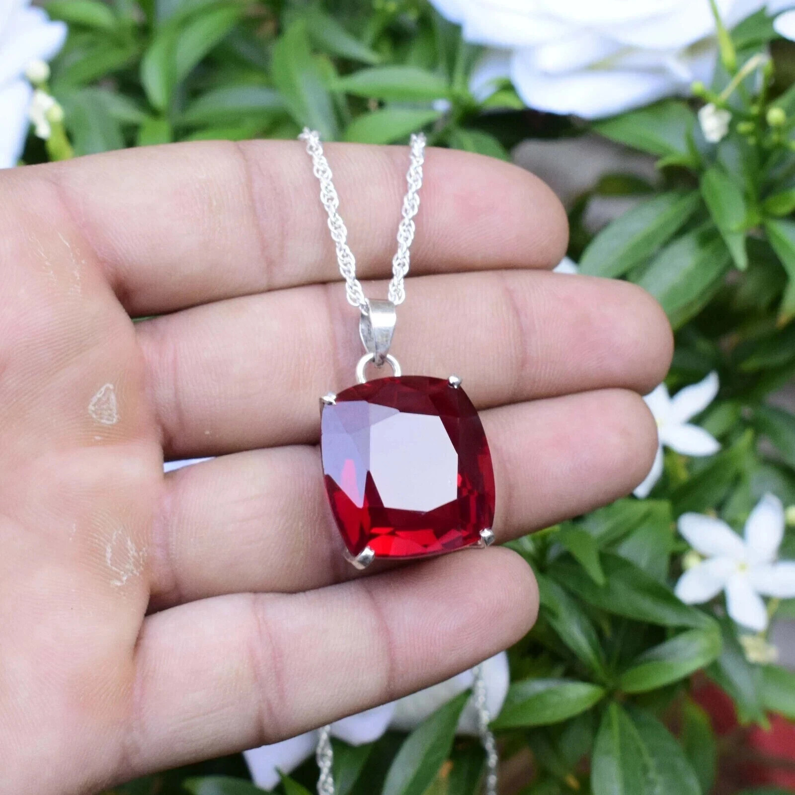 30 Ct Natural Red Ruby Pendant 925 Sterling Silver Cushion Cut Gemstone Jewelry