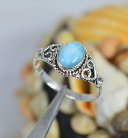 Solid 925 Silver Larimar Gemstone Women Ring Handmade Dainty Ring All Size SR75