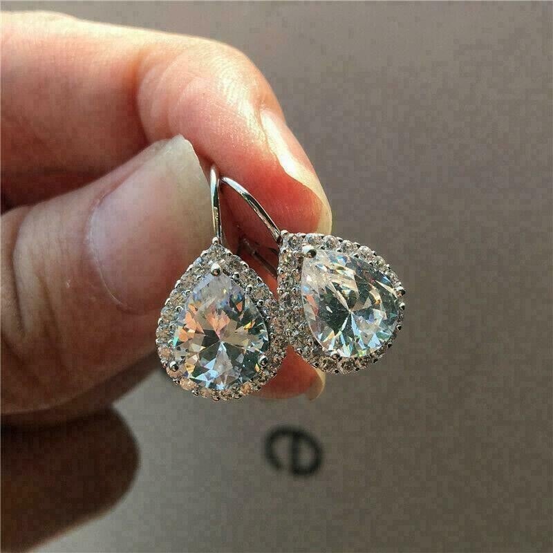 Gorgeous 2 Ct Pear Cut Diamond VVS1/D Halo Drop & Dangle 14K White Gold Finish