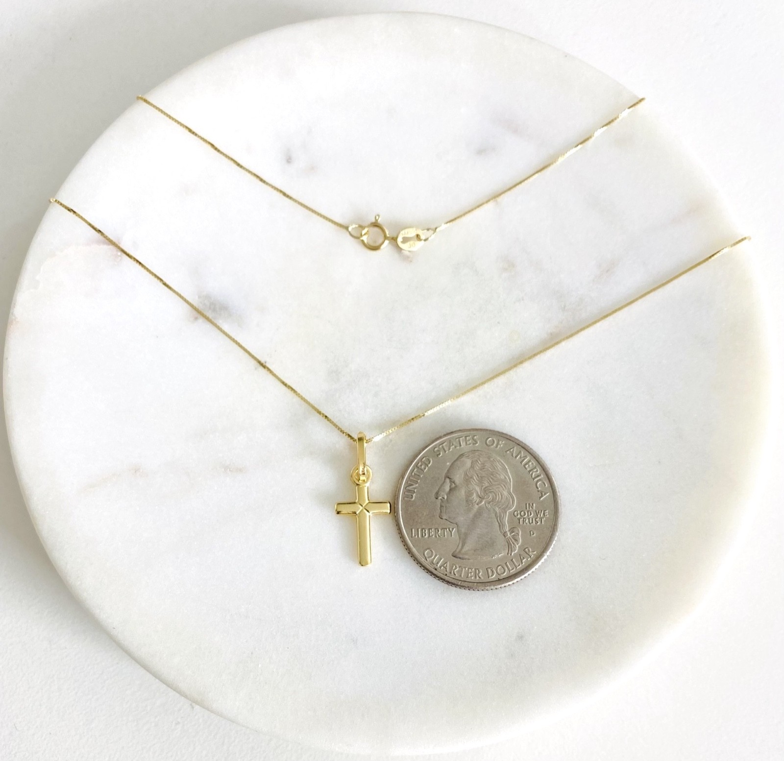 14K Solid Yellow Gold 0.7″ Cross Pendant with 0.5mm Box Chain Necklace – PT142