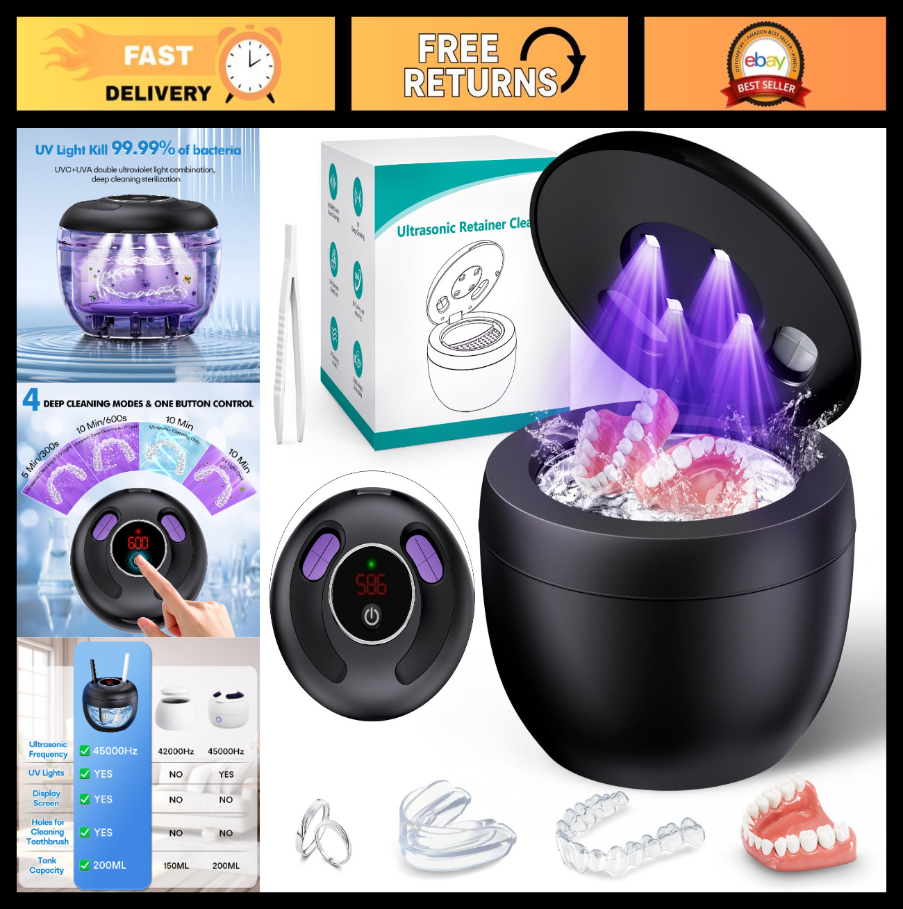 Ultrasonic Cleaner 45kHz for Dentures, Braces, Aligners, Jewelry – 200ML Capacit