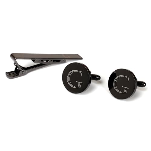 Mens Initial Cufflinks and Tie Clip A-Z Alphabet Letter Black Classic-G