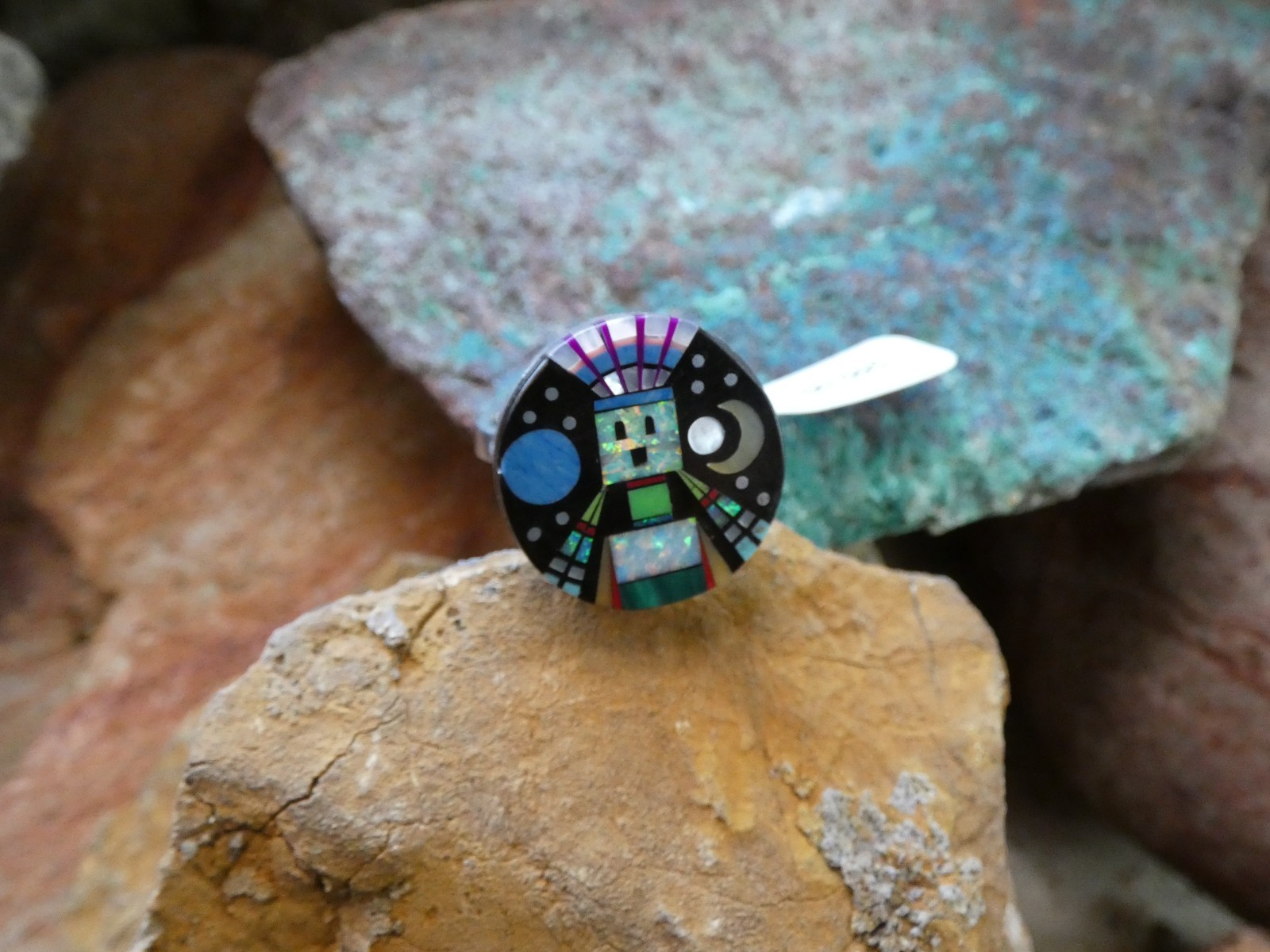 Kachina Micro Inlay Gemstone Aluminum Sterling Silver Alloy Size 10 Ring AS79