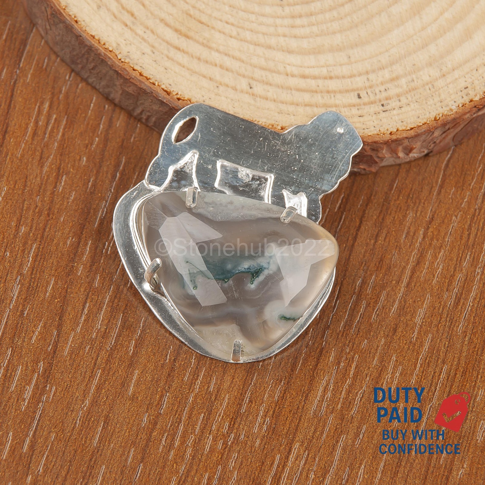 FANCY Natural Faceted Moss Agate Birthday Channel Set Mother Pendant 925 Silver