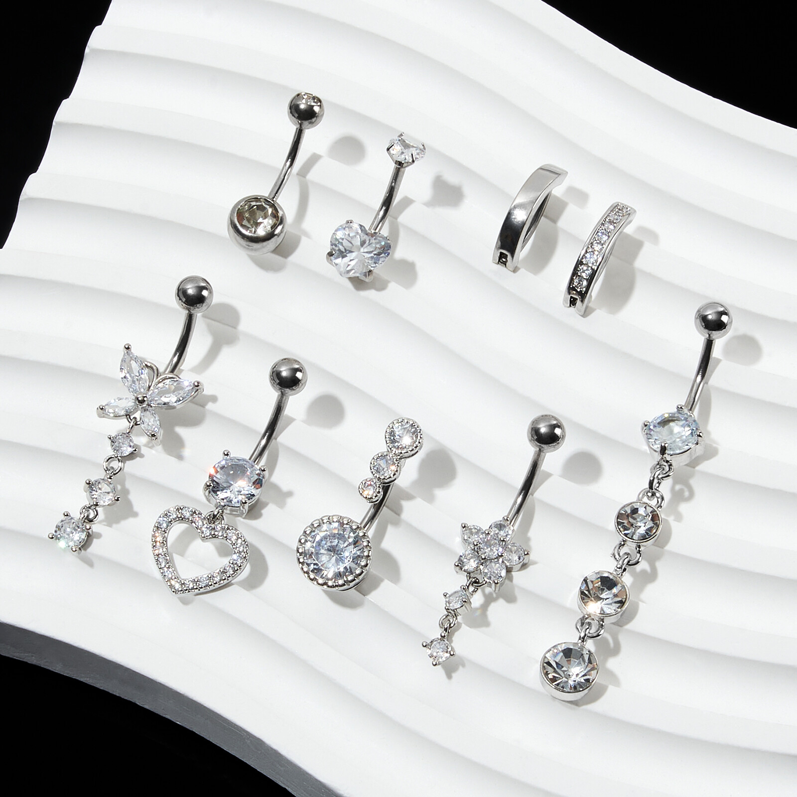 9pc 14G CZ Belly Button Ring Long Dangled Navel Bar Piercing Jewelry Silver Gold